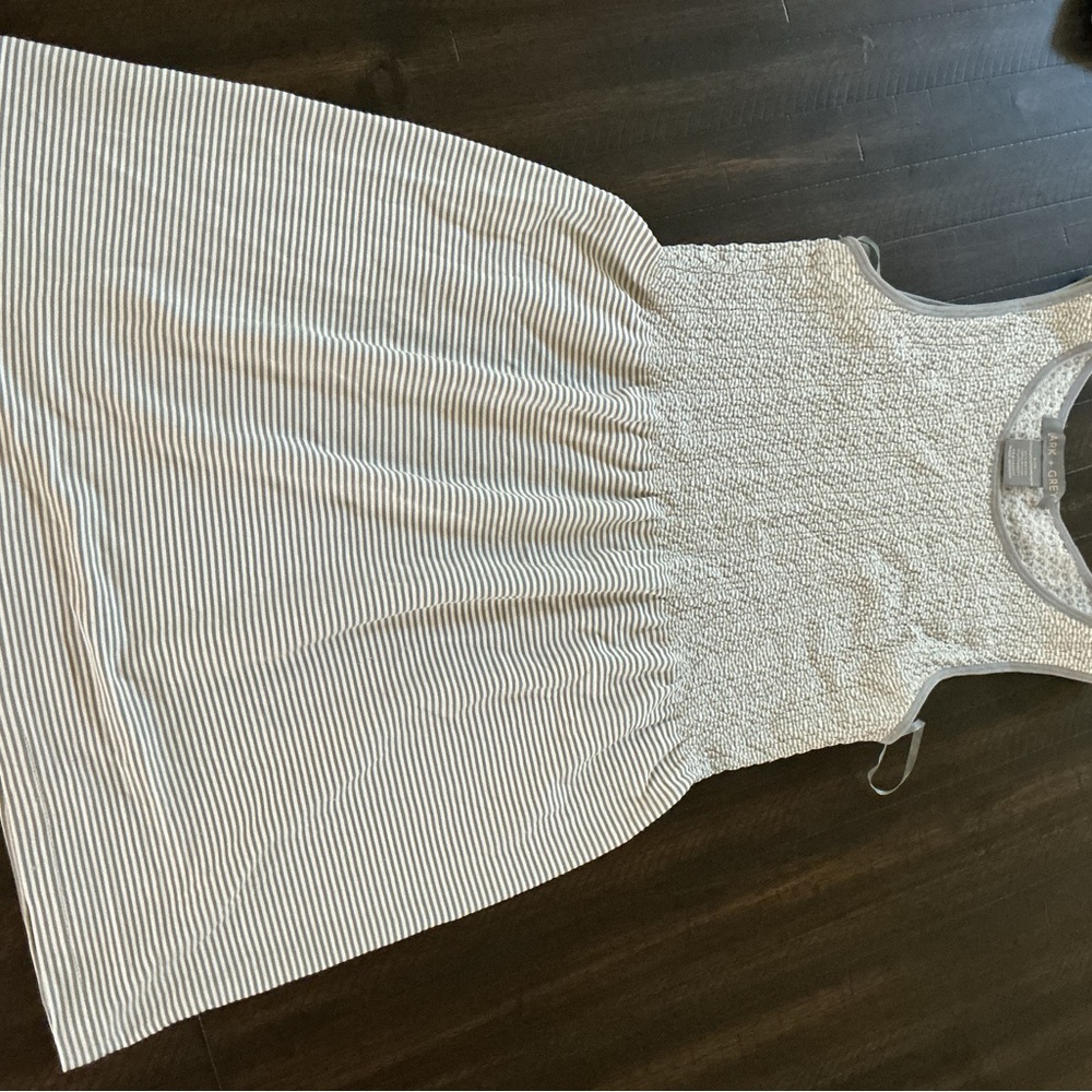 Striped Lace Bodice Tank Dress in Light Gray and White